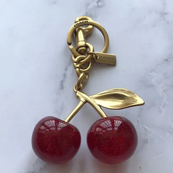 COACH Gold Cherry Keychain with Red Glitter Cherries - Picture 4 of 4